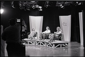 Commune members at the WGBY Catch 44 (public access television) interview: Anne Baker, Jim Baker, and Bruce Geisler on stage