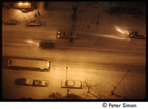 Street scene, New York City (?), in heavy snow