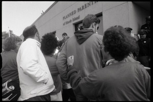 Pro-life protesters and police in front of the Providence Planned Parenthood clinic