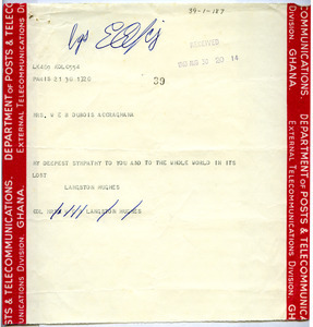 Telegram from Langston Hughes to Shirley Graham Du Bois