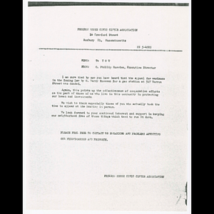 Letter from Otto Snowden concerning appeal for a gas station zoning variance by O. Harry Roseman