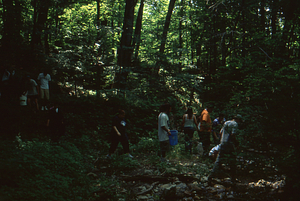 Weir Day 2001. Main Stem Birch Brook students assemble in ponding basin to commence annual excavation.