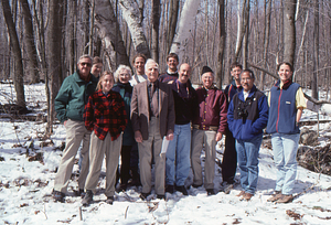 Norman E. Borlaug field trip to the Hopkins Memorial Forest. 9. Group photograph Left to right: William T. Fox (Williams Geos), Aya Reiss (Williams Class of 2000), Maxine B. Marra, Dawn Biehler (Class of 1997), Ben Montgomery (Class of 1998), Alan A. Marra (UMass Forestry), Henry W. Art (ENVI/BIOL), Peter McChesney (Class of 1975), Norman E. Borlaug (U MN, Class of 1937), Tim Billo (Class of 1997), Kai N. Lee (ENVI) and Emilie Grossmann (Class of 1996) in the Hopkins Forest.