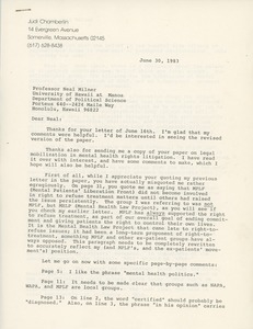 Letter from Judi Chamberlin to Neal Milner