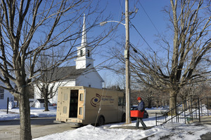 Western Massachusetts Regional Library System van delivering interlibrary loan books the New Salem Public Library, with Center Congregational Church in background