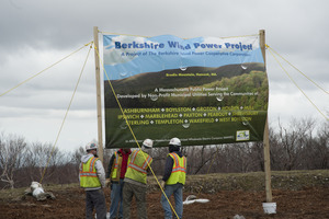 Construction crew setting up banner for opening of the Berkshire Wind Power Project