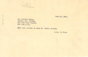 Telegram from W. E. B. Du Bois to New Theatre Organization