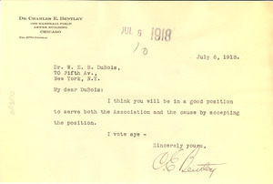Letter from Charles E. Bentley to W. E. B. Du Bois
