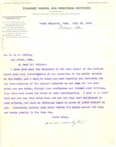 Letter from Booker T. Washington to W. E. B. Du Bois