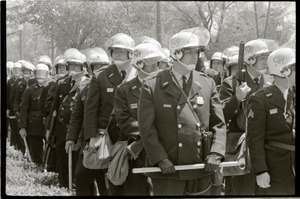 May Day demonstrations and street actions by the Justice Department: line of police with truncheons at ready