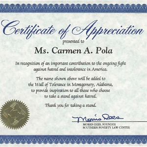 Certificate of appreciation presented to Carmen Pola from the Southern Poverty Law Center