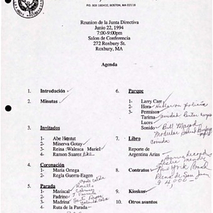 Agenda from Festival Puertorriqueño de Massachusetts, Inc. Board of Directors meeting on June 22, 1994