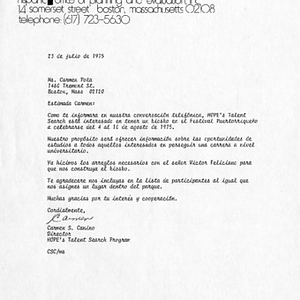 Letter from Carmen S. Canino, Director of the Hispanic Office of Planning and Evaluation's Talent Search Program, to Carmen Pola, President of the Festival Puertorriqueño de Massachusetts, expressing interest in getting a kiosk at the Festival