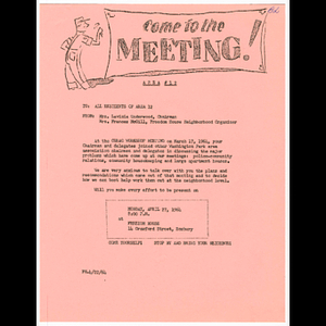 Memorandum from Lavinia Underwood and Frances McGill to residents of Area 12 concerning meeting to be held April 27, 1964