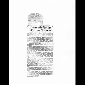 Photocopy of Bay State Banner article, Demands met at Warren Gardens