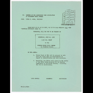 Memorandum from Byron F. Angel, Chairman to members of the Washington Park Association of Apartment House Owners about meeting on June 16, 1965 and meeting agenda