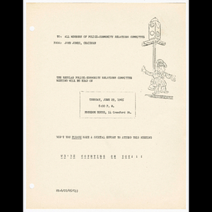 Memorandum from John Jones, Chairman to all members of Police-Community Relations Committee about meeting on June 29, 1965