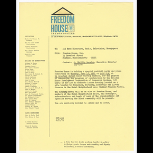 Memorandum from Freedom House about cocktail party and press conference regarding Brunswick Gardens on June 15, 1971