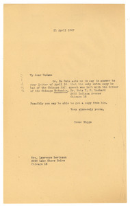 Letter from Ellen Irene Diggs to Sylvia B. Levinson