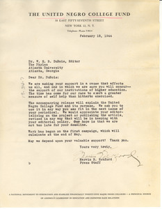 Letter from United Negro College Fund to W. E. B. Du Bois