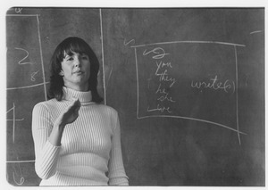 Dr. Alice H. Eagly standing in front of chalkboard, speaking