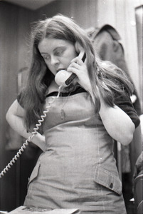 Bernadette Devlin McAliskey on the phone at the WBCN office