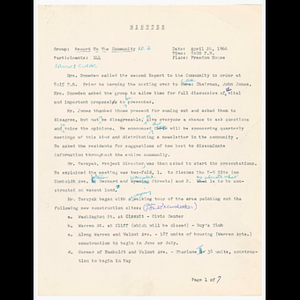 Minutes for community group meeting on April 26, 1966 with handwritten notes and corrections
