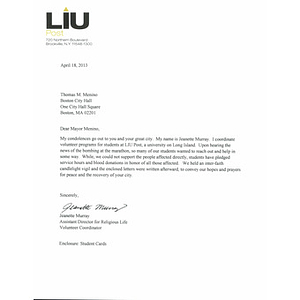 Letter to Mayor Menino from Long Island University (LIU Post: Brookville, New York)