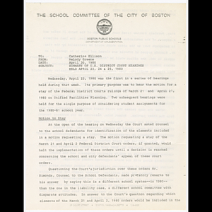 Memorandum from Melody Greene to Catherine Ellison about U.S. district court hearings held April 23, 24 and 25, 1980