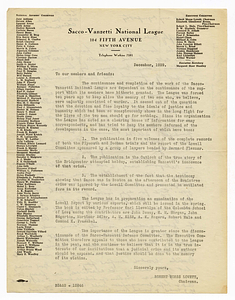 Letter from Robert Morss Lovett on behalf of Sacco-Vanzetti National League, December 1929