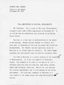 Senator Paul Tsongas' speech to the Senate: 250th Anniversary of Westford, Massachusetts
