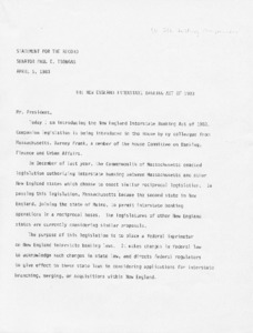 Senator Paul E. Tsongas' Statement on the New England Interstate Banking Act of 1983