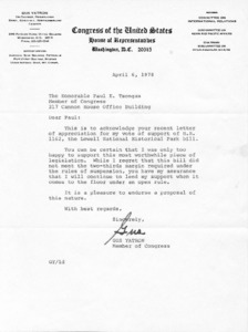 Letter to Paul E. Tsongas from Gus Yatron