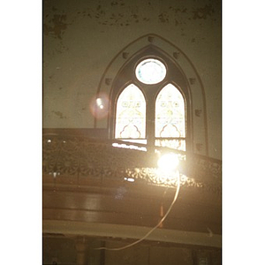 View of the window and portion of the balcony in the former All Saints Lutheran Church.