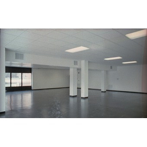 Big empty room with a window and white, dropped ceiling and blocky white columns.