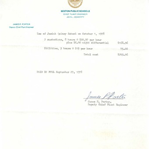 Receipt for the use of Josiah Quincy School to celebrate the National Day of the People's Republic of China