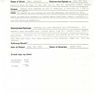 Chinese Progressive Association event recorder forms for 1989