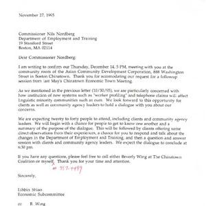 Correspondence to Commissioner Nils Nordberg of the Department of Employment and Training, confirming a meeting with The Chinatown Coalition