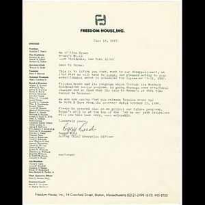Letter from Peggy Reed to Lillian Brown canceling Roxbury Goldenaires visit to Brown's Hotel