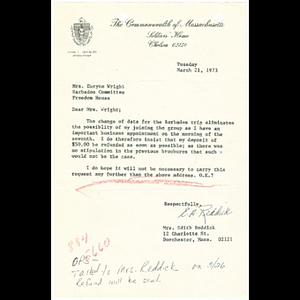 Letter from Edith Reddick to Euryne Wright about refund for Roxbury Goldenaires Barbados trip