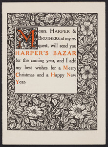 Greeting card for Harper's bazar, Harper & Brothers, New York, New York, undated
