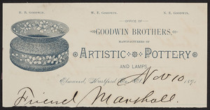 Letterhead for Goodwin Brothers, manufacturers of artistic pottery and lamps, Elmwood, Hartford County, Connecticut, dated November 10, 1891