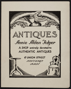 Trade card for Annie Alden Folger, antiques, 6 Union Street, Nantucket, Mass., undated