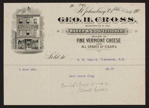 Billhead for Geo. H. Cross., baker & confectioner, Saint Johnsbury, Vermont, dated August 13, 1902