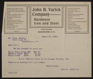 Billhead for the John B. Varick Company, hardware iron and steel, Varick Building, Manchester, New Hampshire, dated March 31, 1906