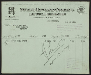 Billhead for the Stuart-Howland Company, electrical merchandise, corner Congress & Purchase Streets, Boston, Mass., dated January 13, 1921