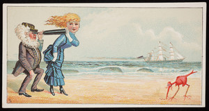 Trade card, captain figure and woman using a telescope at the seashore, Ketterlinus, Philadelphia, Pennsylvania, undated