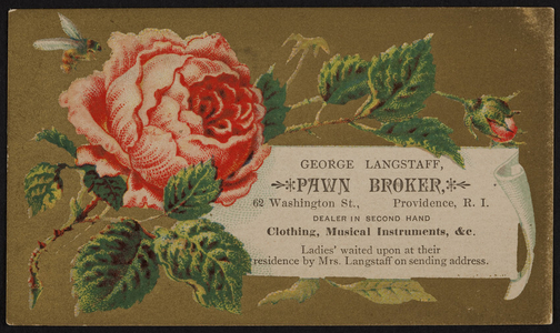 Trade card for George Langstaff, pawn broker, 62 Washington Street, Providence, Rhode Island, undated