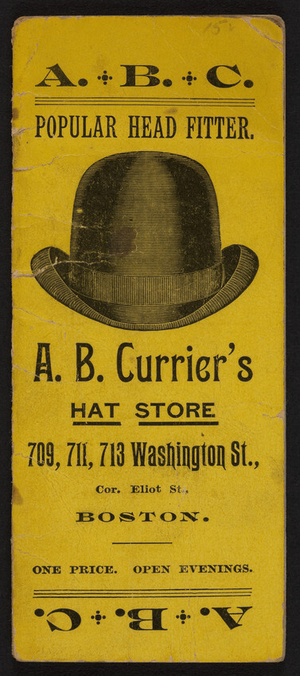 Notebook for A.B.Currier's Hat Store, 709, 711, 713 Washington Street, corner Eliot Street, Boston, Massachusetts, 1894