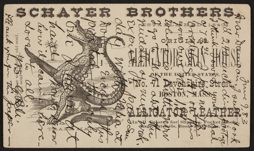Trade card for Schayer Brothers, Alligator Skin House, No. 71 Devonshire Street, Boston, Mass., dated June 9, 1883